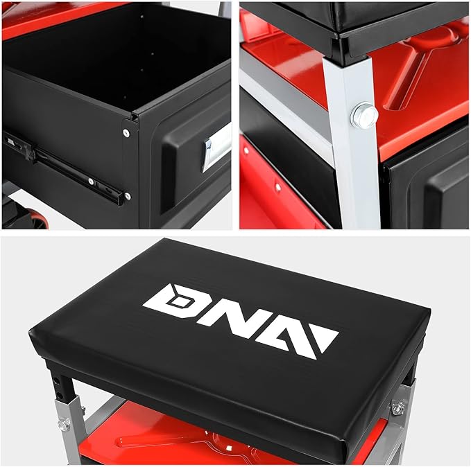 DNA Motoring TOOLS-00198 Adjustable Height Mechanics Roller Seat Creeper Stool With Padded Cushion, Tool Storage Drawer & Tray, 350 Lbs Max Weight Capacity