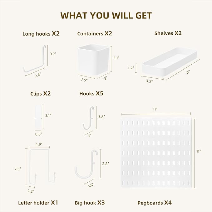 VUSIGN Pegboard Combination Wall Organizer Kit, 4 Pieces Pegboards and 17 Accessories Modular Hanging, Wall Mount Display Peg board Panel Kits for Bedroom, Home, Office, Bathroom, 22" x 22", White
