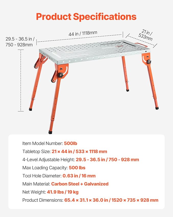 VEVOR Foldable Welding Table 44" x 21", 500LBS Capacity Welding Workbench with 4-Level Adjustable Height, Carbon Steel Work Bench with 6 Tool Slots & 0.63" Fixture Holes for Welding Assembly Repair
