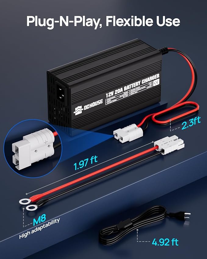 DC HOUSE 12V 20A Lithium Battery Charger, 14.6V LiFePO4 Charger with Battery Quick Connector & LED Indicator, Smart 300W Fast Charging for 12V Boat/RV Battery, Solar Systems, Off Grid, Homes