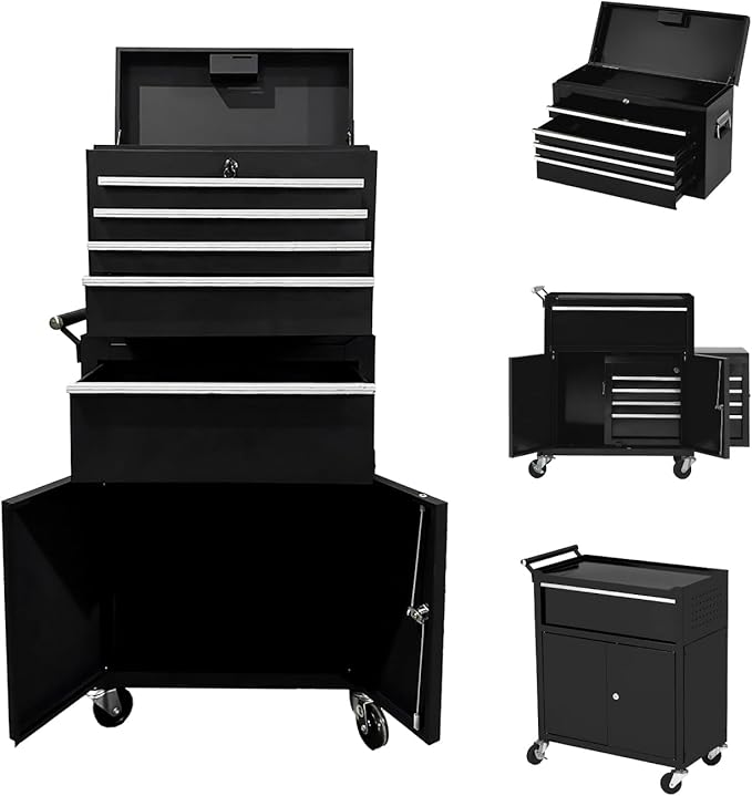 5-Drawer Rolling Tool Chest, 2-in-1 Detachable Top Tool Cabinet with Removable High Capacity Storage, Sliding Drawers, Wheels, Locking System & Liners for Workshop, Mechanics, Garage and Warehouse Use