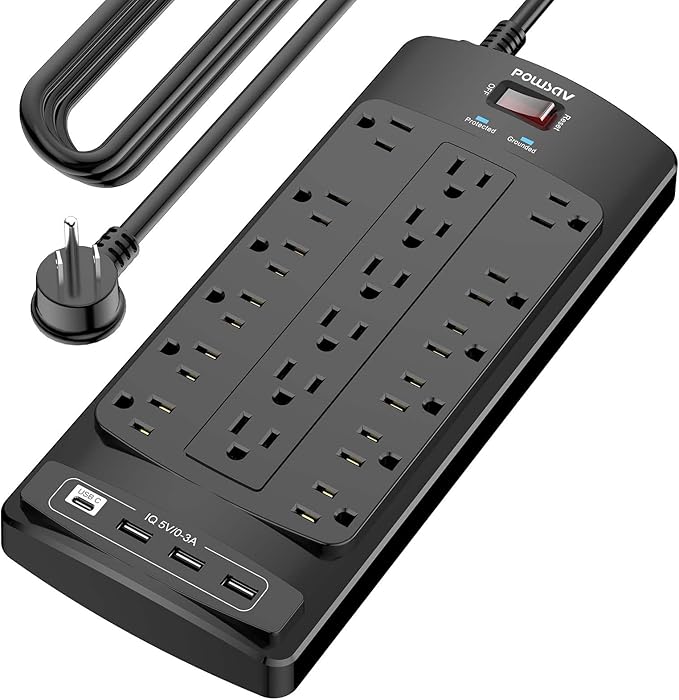 18 Outlets Surge Protector Power Strip - 20 Feet Flat Plug Heavy Duty Extension Cord with 18 Widely Outlets and 4 USB Ports, 2100 Joules, Black, ETL Listed