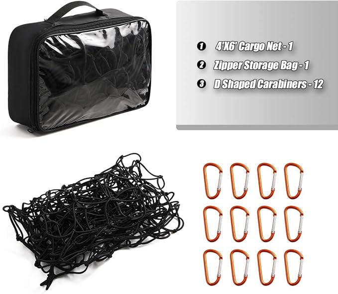 CZC AUTO Bungee Cargo Net 4x6Ft Truck Bed Net Stretches to 8x12Ft for Pickup Trailer RV SUV Boat |4Inch x 4Inch Mesh Net Holds Small and Large|12 Tangle Free Carabiners|Super Duty