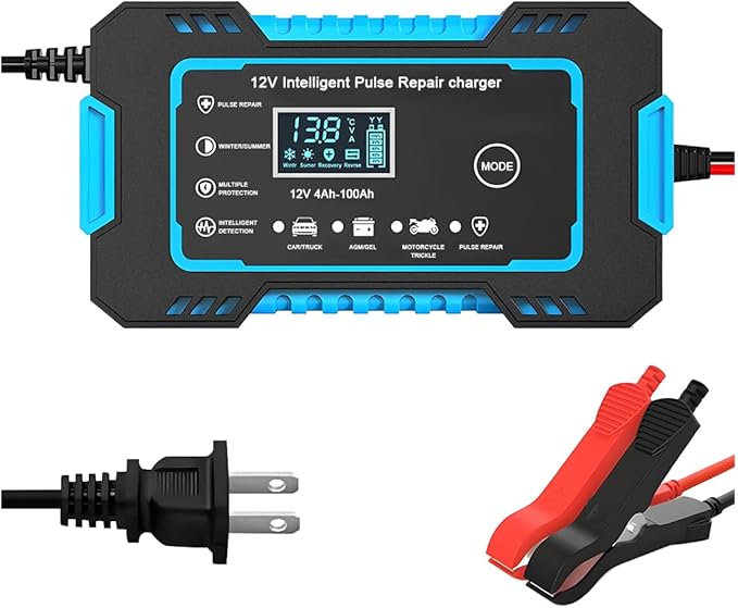 Mandark Car Battery Charger, 12V 6A Smart Fully Automotive Battery Trickle Charger, Portable Vehicle Battery Maintainer Desulfator with Temperature Compensation, Universal for SUV RV Truck (Blue)