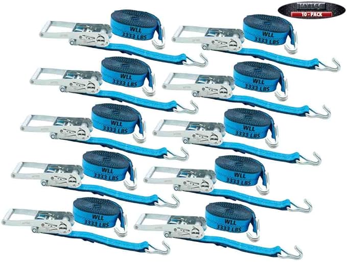 Mytee Products (10 Pack 2 Inch x 27 FT Blue Ratchet Strap with J Hooks - 10,000 Lbs Breaking Strength - Heavy Duty Tie Down Cargo Truck Straps with Wire Hooks for Flatbed, Truck, Trailers Pickup