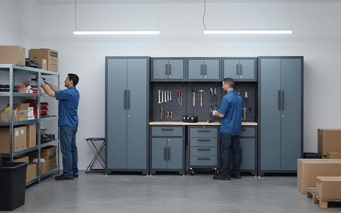 Garage Storage Cabinet System, 9PCS Tool Chest Workbench Storage System in Black, Included Steel Cabinets Drawers Rolling Chest and Pegboard,Locked Garage Storage Cabinet,Grey Handle