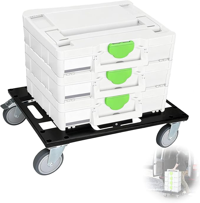 Metal Tool Cart for Festool with 4 Rollers, Black Systainer Cart for Festool for Easy Transport of Systainer & T-Loc System, Roll Board with Feedthroughs for Straps (No Toolbox)
