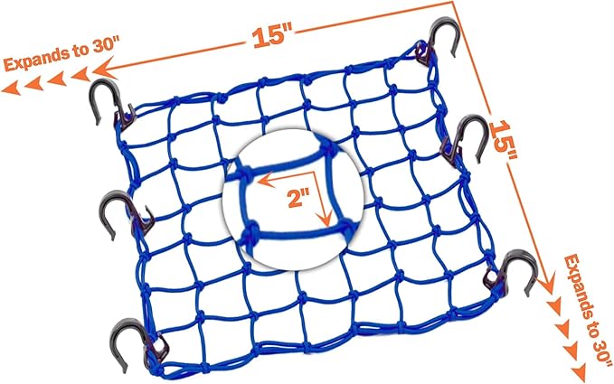 Small Cargo Net 15"x15" Stretches to 30"x30" with Thicken Hooks | Natural Latex Core, Tight 2”x2” Mesh Heavy Duty Bungee Net for Motorcycle Helmet, Bike, ATV, UTV, Luggage (Blue, 1 Pack)