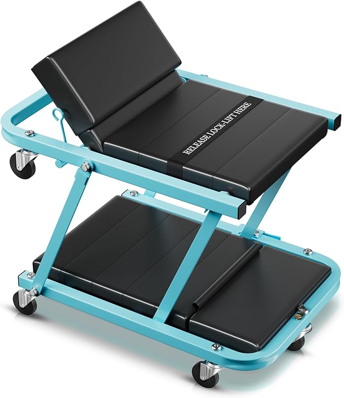 Auto Dynasty 48" Z-Creeper Seat, 2-in-1 Foldable Garage Creeper Shop Seat, 330 LBS Capacity Automotive Mechanic Repair Under Car Rolling Creeper Seat, Sky Blue