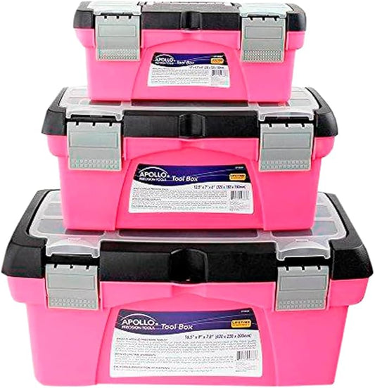 Apollo Tools Set of 3 Stackable Tool Boxes with Top Compartment and Removable Trays for Crafts, Tool Storage - Pink Ribbon - DT5005P