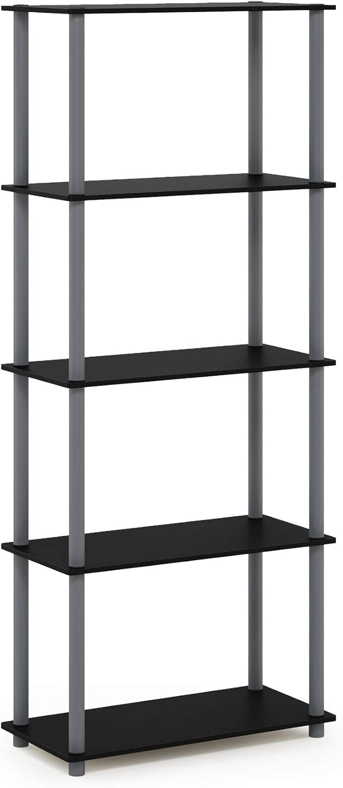 Furinno TURN-N-TUBE Storage Shelves, 5-Tier Book Shelf, Corner Shelf, Toolless Open Shelves, for Organization and Storage, Living Room, Garage, Home Office, Black
