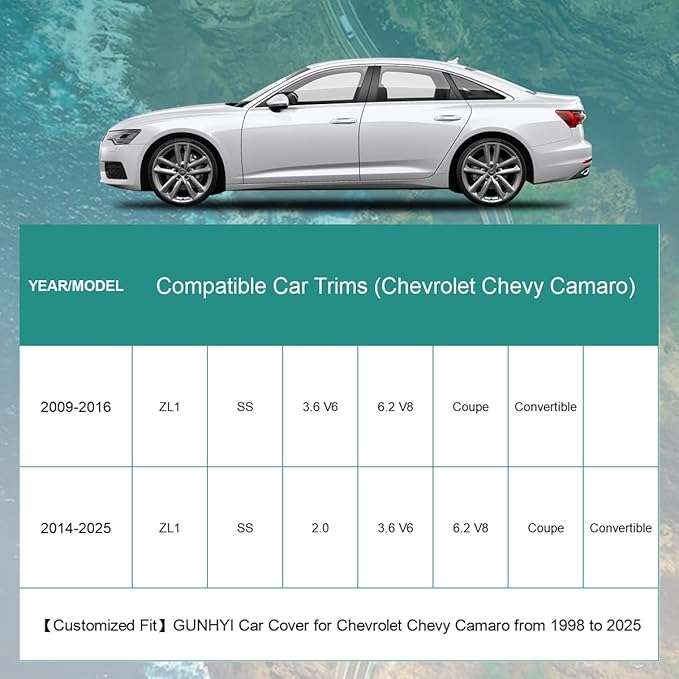 Car Cover Custom Fit Chevy Camaro Waterproof All Weather, Lightweight Full Exterior Cover for Automobiles Outdoor Sun UV Rain Dust Snow Wind Protection.