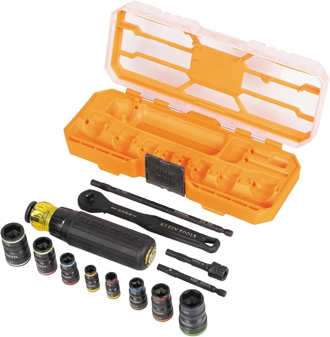 Klein Tools 65242 KNECT Impact Socket Set, Ratcheting Screwdriver Set, 1/4-Inch Drive, 4 SAE and 4 Metric Flip Sockets, 16 Hex Sizes, Adapters, MODbox Case