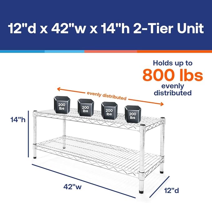 Shelving Inc. 12" d x 42" w Chrome Wire Shelving with 2 Tier Shelves, Weight Capacity 800lbs Per Shelf