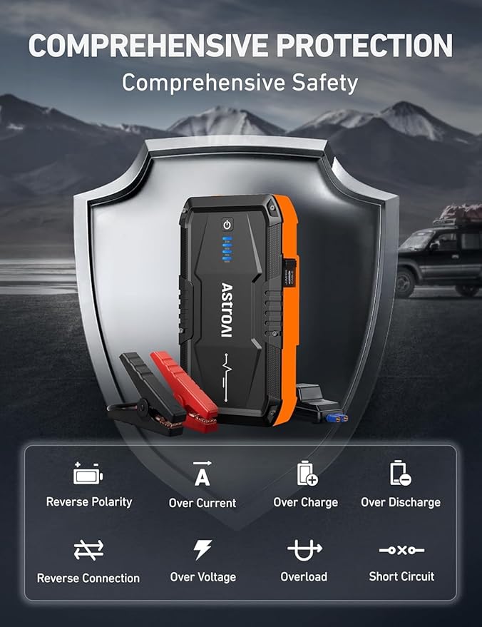AstroAI S8 Car Battery Jump Starter, Car Jumper Starter Battery Pack for Up to 6.0L Gas & 3.0L Diesel Engines, 12V Portable Jump Box with 3 Modes Flashlight and Jumper Cable (Orange)