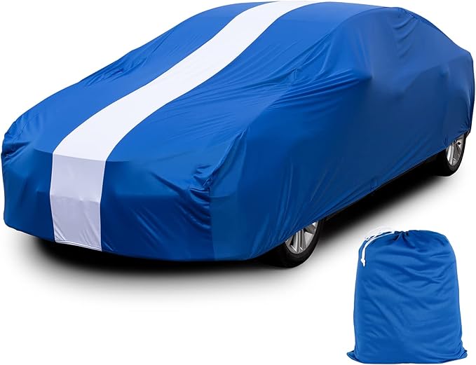 Favoto Car Cover Dustproof Sedan Indoor Stretch Cover Universal Fit 177-193 Inch Automobiles Full Car Cover with Storage Bag Breathable Windproof All-Weather Auto Vehicle Cover (Blue-Upgraded)