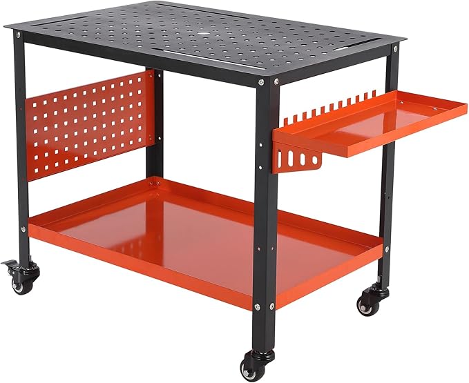 36x24 Steel Welding Table,1200 Lb Portable Welding Fixture Table for Shop,Rolling Welding Table with 5/8" Holes for Shop Garage (Orange, with Tool Tray)