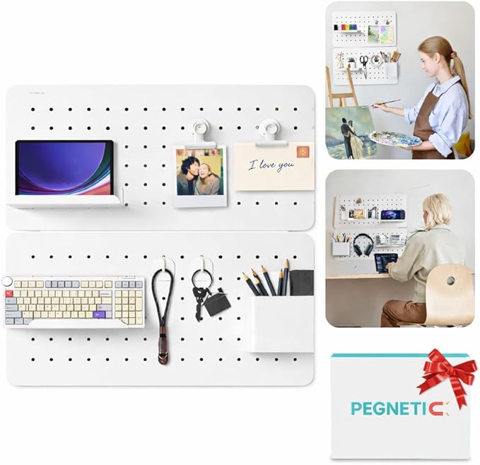 Upgraded Metal Pegboard Wall Organizer Kit – Magnetic, Heavy-Duty Peg Board with Shelves, Hooks & Clips – Wall Mount Storage for Office, Kids, Makeup, Garage & Home, Craft Organizer