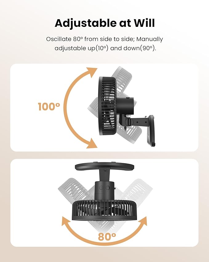 Koonie 8'' Wall Mount Fan, Quiet Small Wall Fan with Timer, 8.2ft Wired Remote, 80° Oscillation, 100° Adjustable, 3 Speeds High Velocity for RV Bedroom Kitchen Office Garage(Adapter Included)