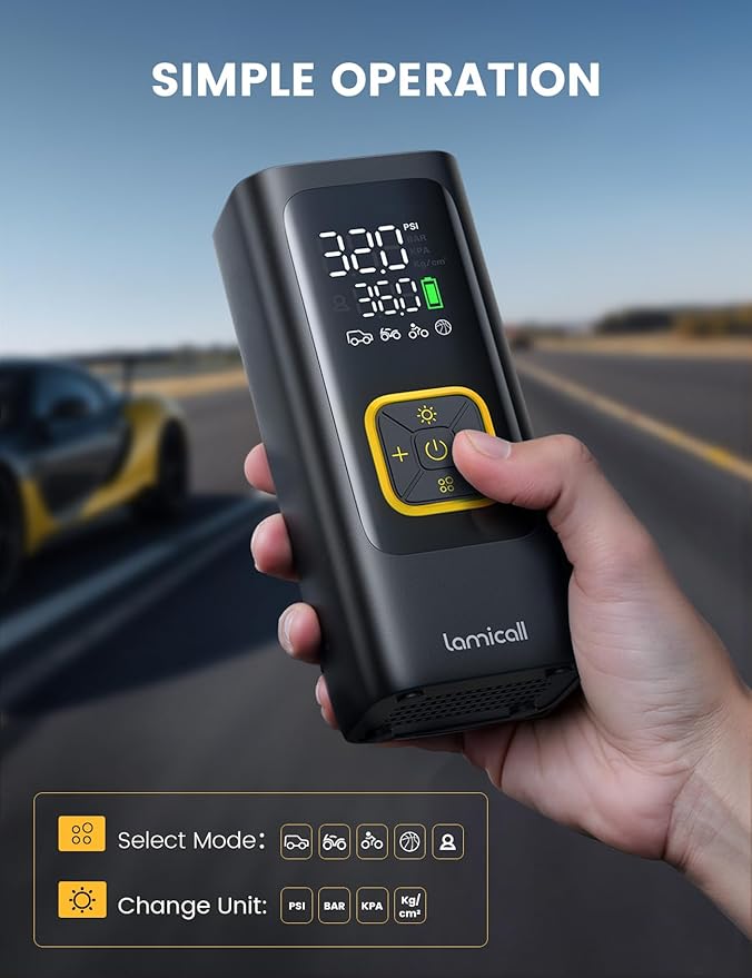 Car Tire Inflator Portable Air Compressor - Lamicall [4X Faster][150 PSI] Bike Air Pump, Rechargeable Battery, Pressure Gauge Display, LED Light, Automatic Car Cordless Pump for Motorcycle, Bike, Ball