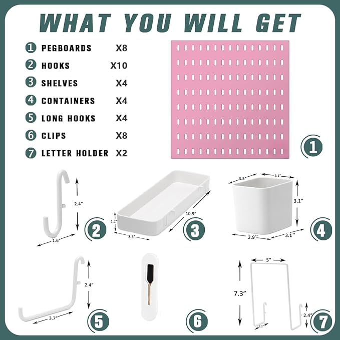 MULSAME Pegboard Combination Kit, Wall Mounted Storage Set with 8 Pegboards & 32 Accessories Hanging, Pink Peg Boards Organizer for Walls Display, Crafts Organization, Kitchen Organizer, 22" x 44"