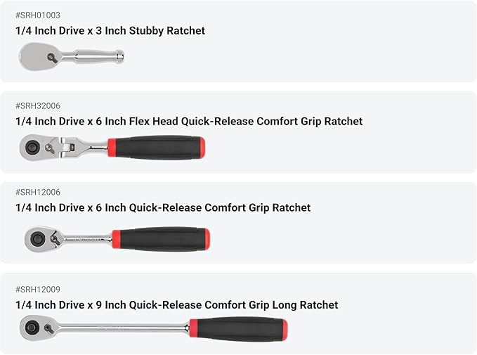 TEKTON 1/4, 3/8, 1/2 Inch Drive Quick-Release Comfort Grip Ratchet and Breaker Bar Set (15-Piece) | SDR99904