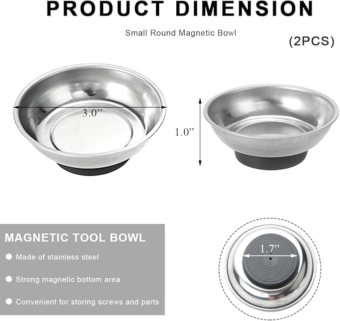 2 PCS Magnetic Parts Tray Set, Stainless Steel 3" Round Magnetic Bowl Trays for Mechanic's, Magnet Tool Parts Tray for Screws, Bolts, Nuts, Washers, Pins, Metal Parts