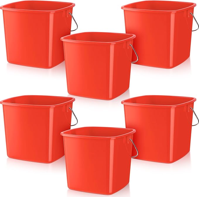 Zhehao 6 Pcs 3 Quart Bucket for Cleaning Small Sanitizer Bucket for Restaurant Square Plastic Pail with Handles for Home, Offices, Commercial Use, Food Service(Red)