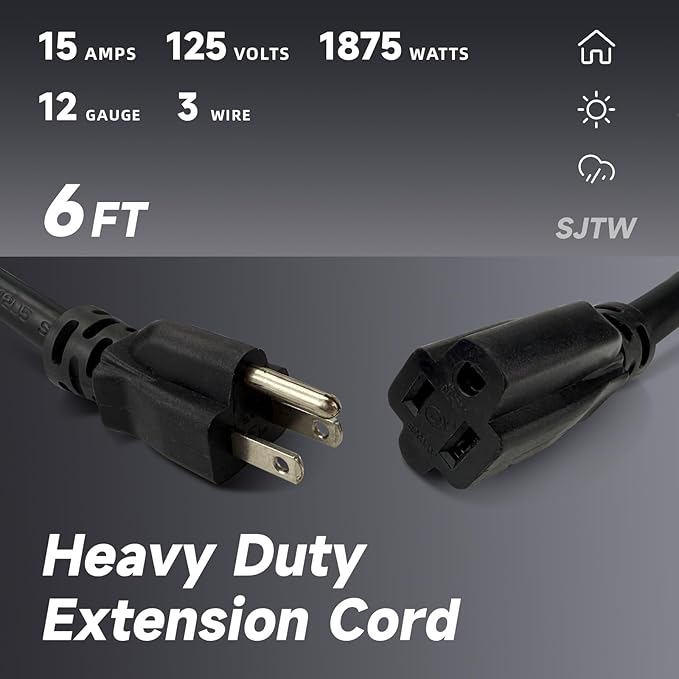 EP 12/3 6 FT Indoor Outdoor Black Extension Cord Waterproof, 12 Gauge 3 Prong Power Cord Flexible Resistant Appliance Extension Cable Electric Cable Outside, 15A 1875W 12AWG SJTW, ETL Listed