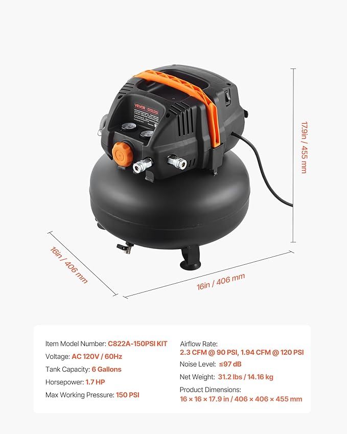 VEVOR 6 Gallon Air Compressor, 1.7HP 2.3CFM@90PSI Portable Pancake Air Compressor & 150PSI Max Pressure, 12-Piece Accessory Kit with 25FT Air Hose for Tire Inflation, Spray Painting, Woodwork Nailing