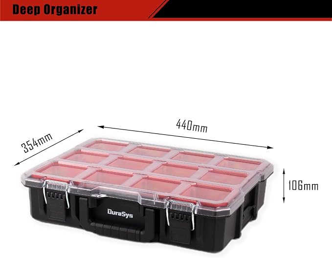 Tools Organizer, Small Parts Storage Toolbox, 17.3 * 14 * 4.2" Durable Hardware Deep Box Storage, with Removable Inner Cups