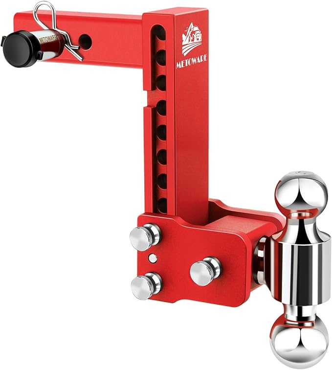 METOWARE Adjustable Trailer Hitches Fits 2 Inch Receiver, Adjustable Ball Mount with 8-Inch Drop/Rise (12,500 LBS GTW), Dual Ball (2'' x 2-5/16'') and Anti-Theft Stainless Steel Trailer Lock (Red)