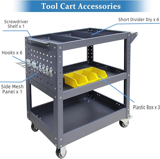 3 Tier Rolling Tool Cart, 500 lbs Capacity, 31.5"x29"x15", Mechanics Cart with 4 Dividers, Mesh Panel & Screwdriver Shelf