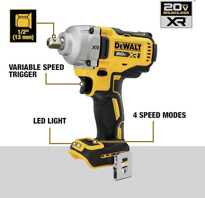 DEWALT 20V MAX XR Cordless Impact Wrench, 1/2", Includes Detent Pin Anvil and Belt Clip, Bare Tool Only (DCF892B)