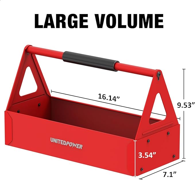 UNITEDPOWER Handy Tool Box, Portable Metal Tote Tray with comfortable grip handle, Tool Organization for Household, Warehouse, Repair Shop, Red