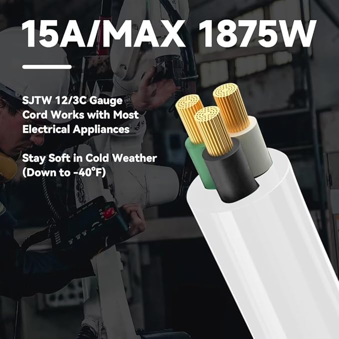 Indoor Extension Cord, 12 Gauge 3 Prong Weatherproof Heavy Duty White Extension Cords, 12/3 SJTW 15A 3 FT Extension Cable for Garage, Garden and Home