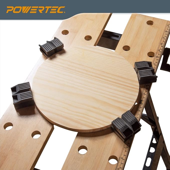 POWERTEC Portable Small Workbench with Vise, Imprinted Ruler and Protractor Scale, Folding Sawhorse/Worktable and 4 Bench Dogs for Woodworking Projects (MT4006)