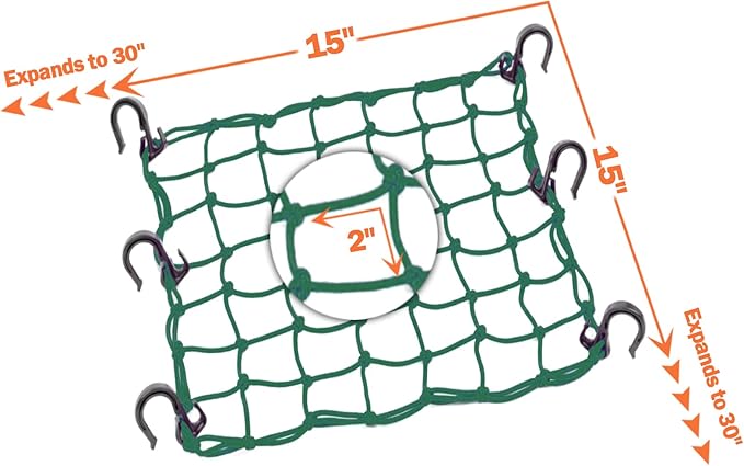 Cargo Net 15"x15" Stretches to 30"x30" with Thicken Hooks | Natural Latex Core, Tight 2”x2” Mesh Small Heavy Duty Bungee Net for Motorcycle Helmet, Bike, ATV, UTV, Luggage (Army Green,2 Pack)