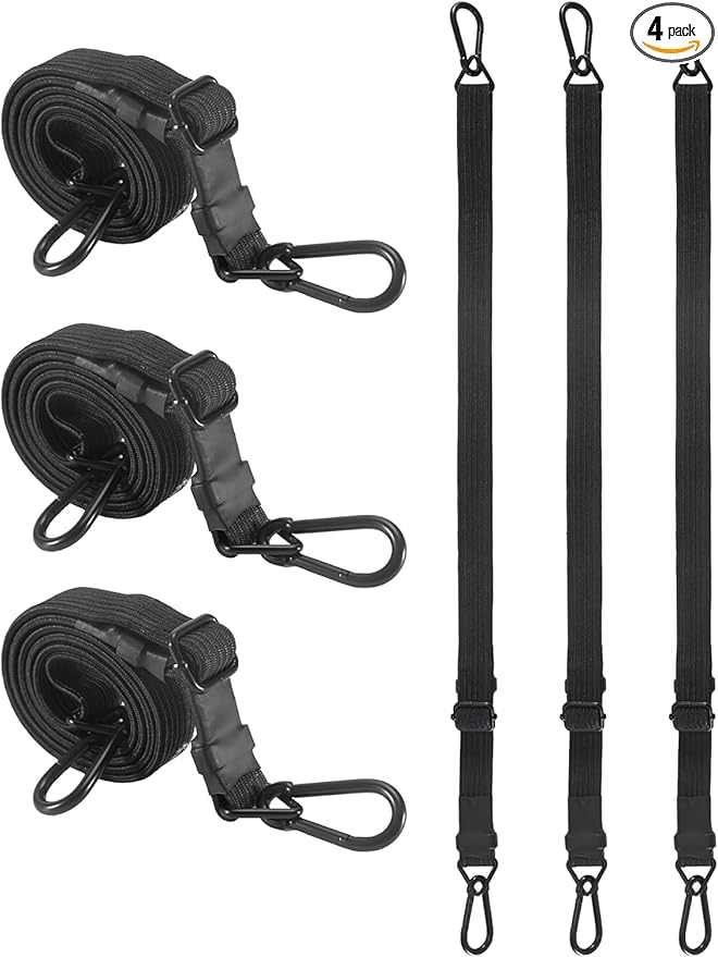 60 Inch Adjustable Carabiner Bungee Cords with 190 Lbs Max Break Strength - Adjust from 35" to 60" - Heavy Duty Flat Carabiner Bungee Straps with Upgraded Hooks for Tents, Cargo, Luggage, etc (4 Pcs)