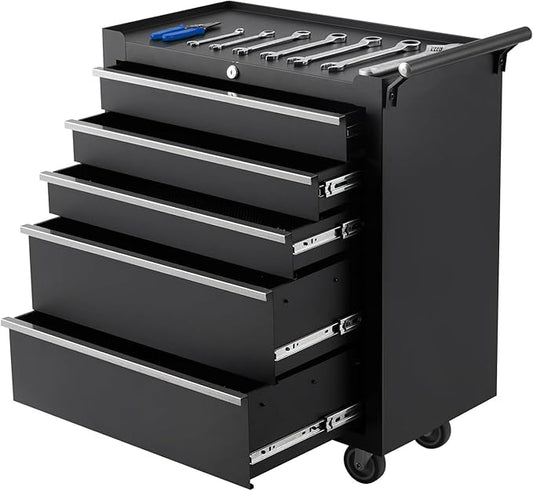 Rolling Tool Box with Wheels, 5 Drawer Tool Storage Cabinet, Portable Toolbox Organizer with Lock, Heavy Duty Tool Chest Cart for Garage, Mechanic, Workshop, Shop, Mobile Tool Organizer, Black