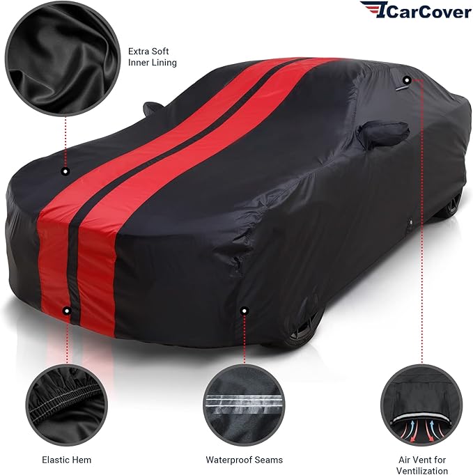 iCarCover Custom Car Cover for 2003-2026 Mazda Mazda3 Waterproof All Weather Rain Snow UV Sun Protector Full Exterior Indoor Outdoor Car Cover (Stripe - Black/Red)
