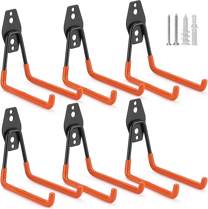 6 Pack Garage Hooks Heavy Duty Storage Organizer Wall Mount Power and Garden Tool Hangers, for Hanging Ladders, Ropes, Hose, Bulk Items