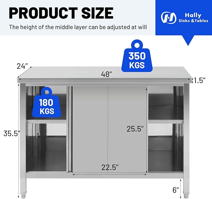 Hally Stainless Steel Cabinet, 24" x 48" NSF Commercial Heavy Duty Prep Workbench with Two Sliding Doors, Large Storage Cabinet, Metal Table for Kitchen, Restaurant, Garage