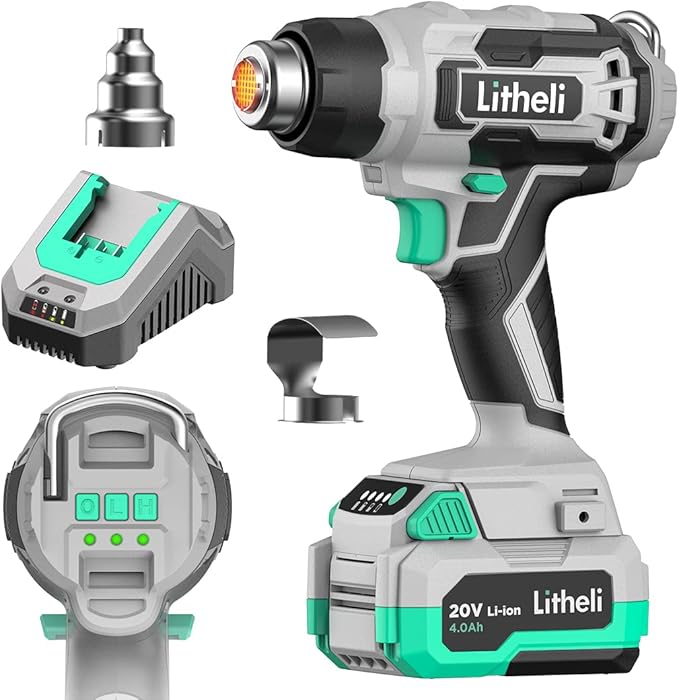Litheli 20V Cordless Heat Gun,Hot Air Gun Kit Portable,3 Temperatures Max. 932℉,2 Nozzles, 200L/min, 13m/s,1.5Lbs,Overheat Protection for DIY, Removing Solder, Defrost, with 4Ah Battery & Charger