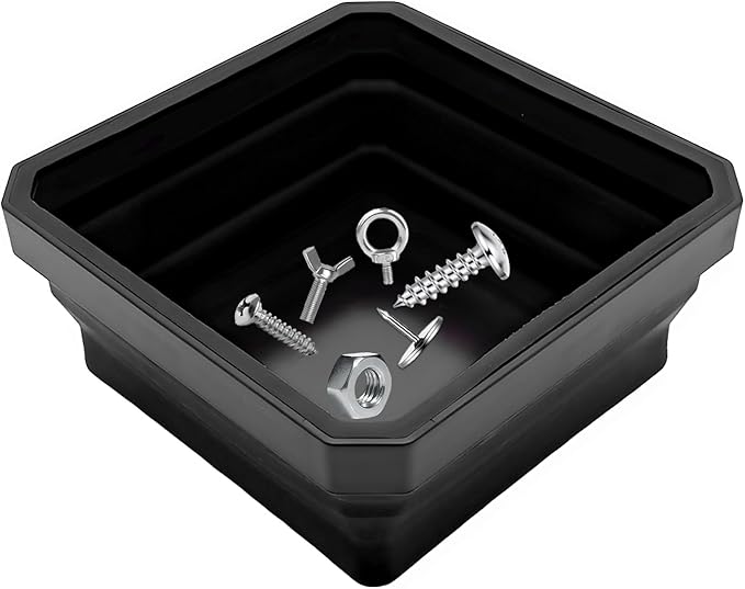 Collapsible Magnetic Parts Tray, 4.5" Square Silicone Metal Parts Organizer Double-Sided Magnet Bowl, Foldable Magnetic Tool Trays for Screws Bolts Nuts Washers Pins (Black)