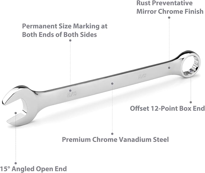 11-Piece SAE Combination Wrench Set in Roll-up Pouch, Non-Skip Inch Sizes 1/4 to 3/4” | Chrome Vanadium Steel with Mirror Finish | Ideal for General Household, Garage Workshop, Auto Repairs and More