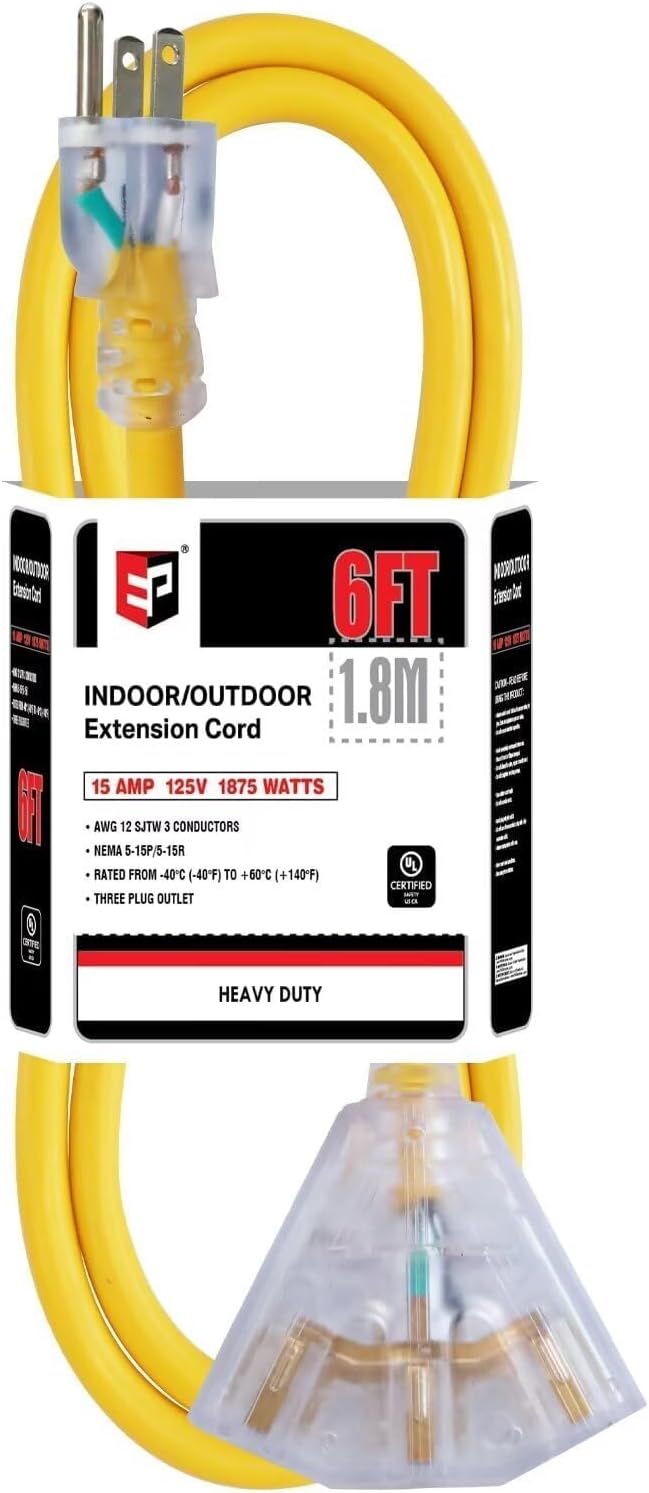EP 6 Ft 12 Gauge Heavy Duty Extension Cord, 15A 125V 1875W, 3 Outlet Indoor/Outdoor Power Cord with Lighted End, 12/3 SJTW Weatherproof Yellow, UL Listed