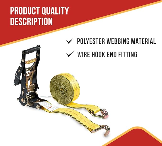 Mytee Products 10 Pack 2" x27' Yellow Ratchet Strap with J Hooks- 10,000 Lbs Breaking Strength Heavy Duty Tie Down Large Bar Handle and Cargo Straps with Wire Hooks for Flatbed, Truck, Trailers Pickup