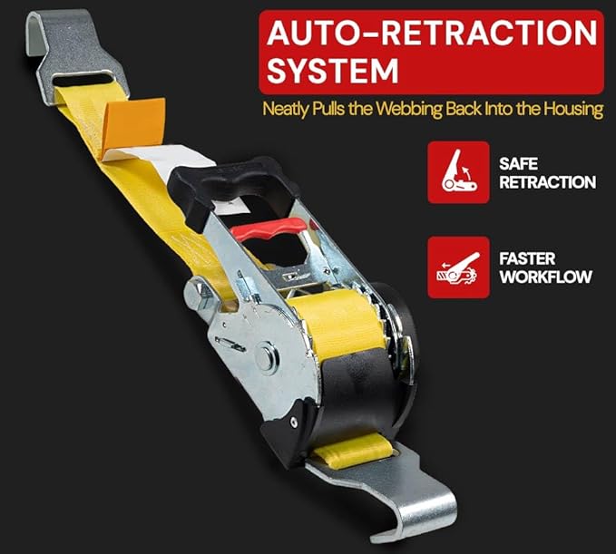Mytee Products 2" x 10' Retractable Ratchet Straps with Narrow Flat Hooks - 3,300 lbs WLL - High-Abrasion Yellow Auto Retract Ratchet Tie Down Strap for Motorcycles, ATVs, Bikes, Boat Trailer