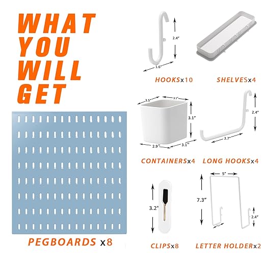 Pegboard Combination Kit, 8 Peg Boards and 30 Accessories Modular Hanging Black Pegboard for Walls, Office Wall Organizer, Keys Holder on Wall, Nursery Storage, 44"x22" Blue